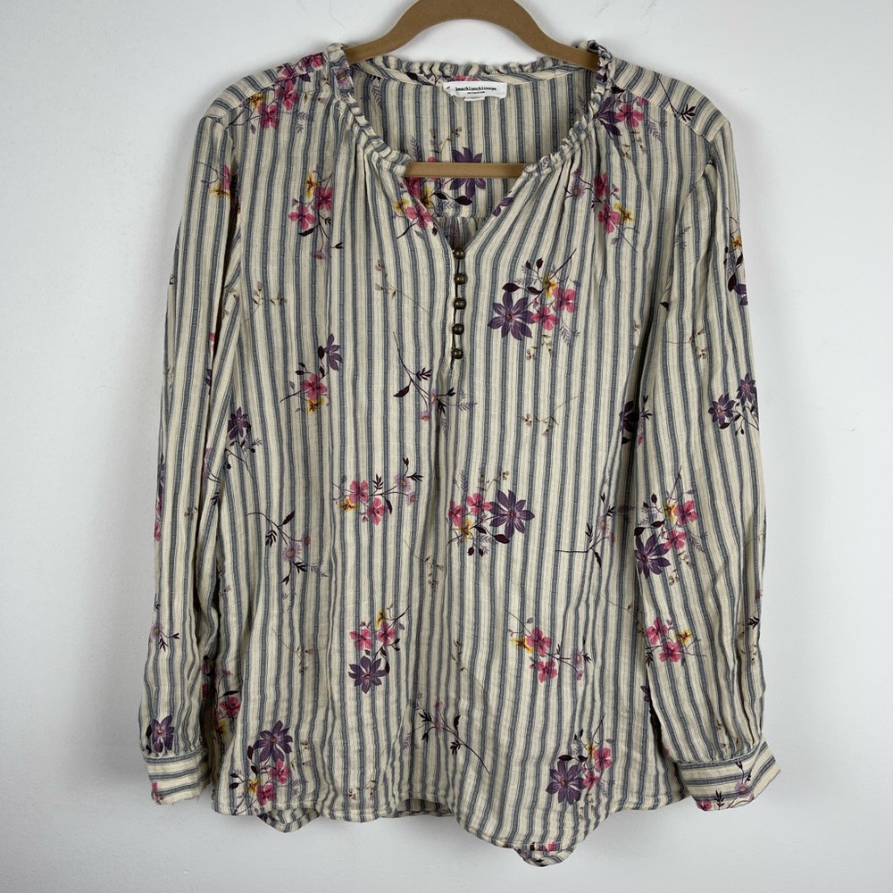Beach Lunch Lounge Floral Print V Neck Boho Long Sleeve Top Size M